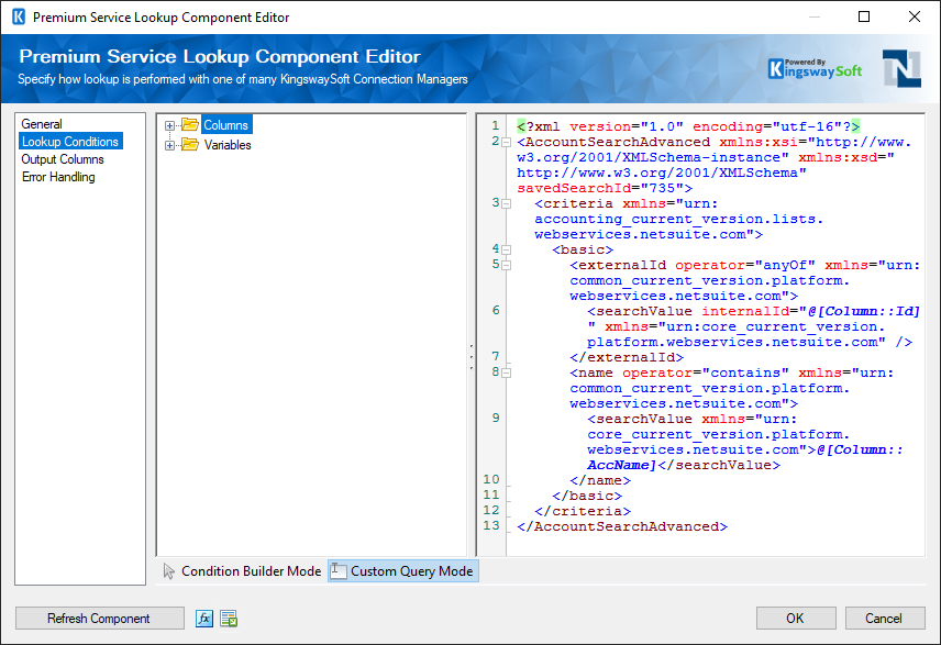 Premium Service Lookup component - Netsuite - Lookup Conditions - Custom Query Mode